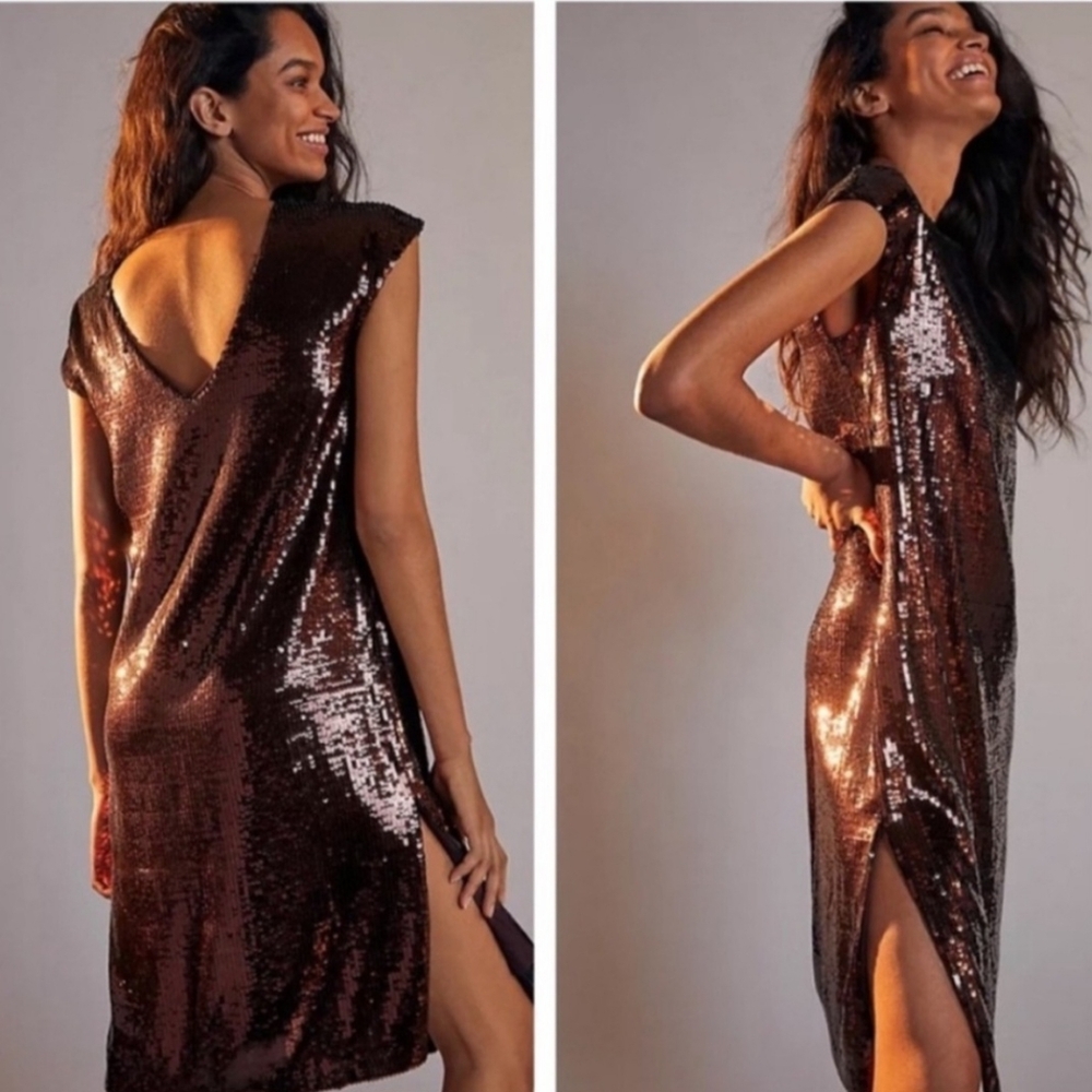 NEW Maeve Anthropologie Sequin Wine Bordeaux Oversized Low Back Kara Dress